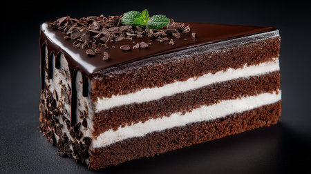 Delicious chocolate cake slice with creamy layers and mint garnishの素材