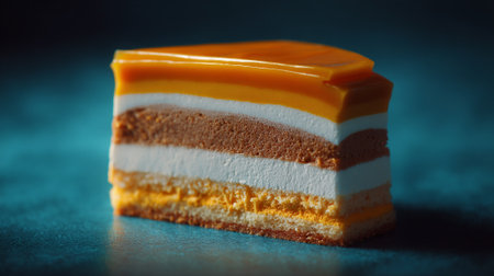 Decadent Layered Dessert with Fruit Gel Topping on Dark Turquoise Surfaceの素材