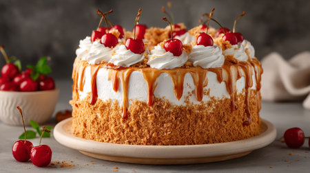 Decadent Cherry Cake Delight: Caramel Drizzle and Whipped Cream Perfectionの素材