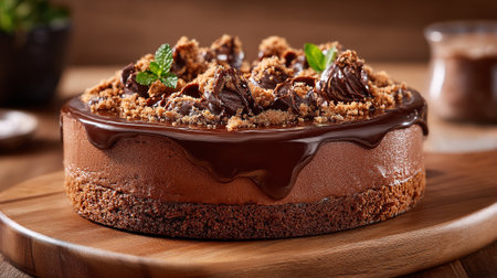 Decadent chocolate cake with rich ganache, crumbly topping, and fresh mintの素材