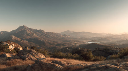 Serene Mountain Landscape with Rolling Hills and Warm Golden Lightの素材