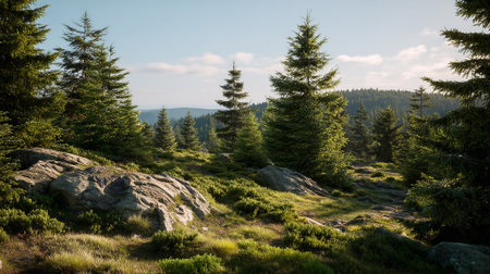 Forested Mountain Landscape with Evergreen Trees and Scenic Overlookの素材