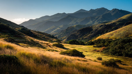 Scenic Mountain Valley Landscape with Golden Grass and Clear Blue Skyの素材