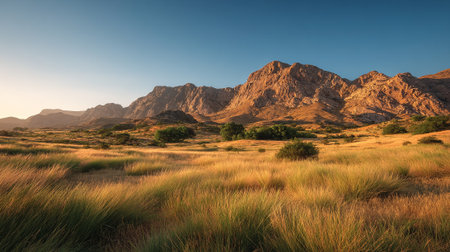 Golden Meadow's Embrace: A Breathtaking Mountain Vista Bathed in Soft Sunlightの素材