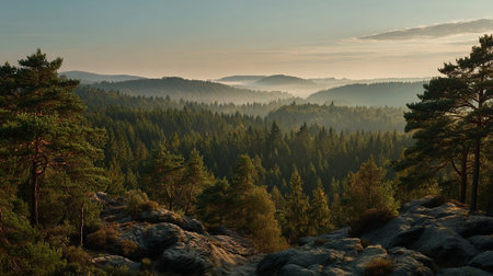 Misty Forest Vista: A Breathtaking View of Majestic Trees and Rolling Hillsの素材