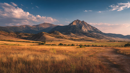 Golden Fields and Majestic Mountains: A Serene Landscape Under a Blue Skyの素材