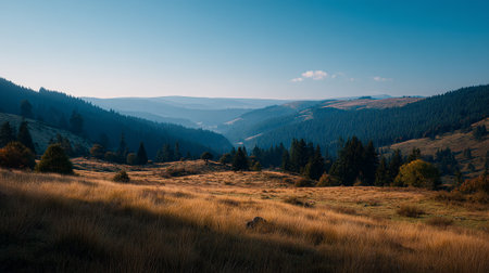 Golden Meadow Landscape in the Mountains with Forest and Blue Skyの素材