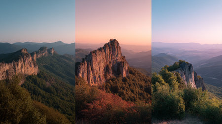 Majestic Mountain Range: A Breathtaking Triptych of Peaks, Valleys, and Huesの素材