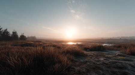 Misty Sunrise Over Tranquil Wetlands with Grasses and Distant Treesの素材