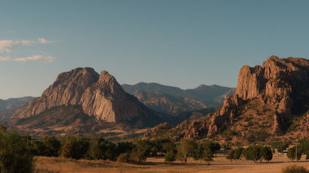 Golden light blankets the rugged mountains under a peaceful, clear blue sky.の素材