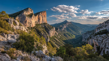 Majestic Peaks and Lush Valley Landscape under a Brilliant Skyの素材