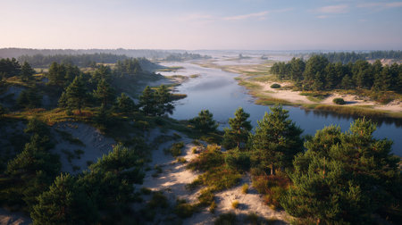 Serene Landscape: A River Flows Through Dunes and Forest Under Soft Lightの素材