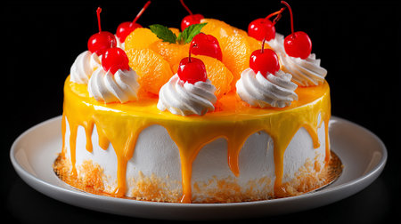 Delicious orange cake with red cherries and whipped cream topping designの素材