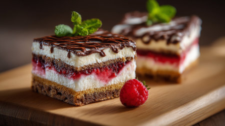 Delicious layered cake with chocolate drizzle and a fresh raspberry accentの素材