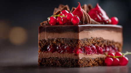 Decadent Chocolate Cake Slice with Red Currants and Chocolate Decorationsの素材