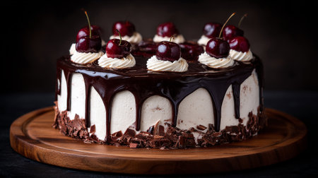 Delicious Cherry Cake with Chocolate Drizzle on Wooden Platter, Dark Backgroundの素材