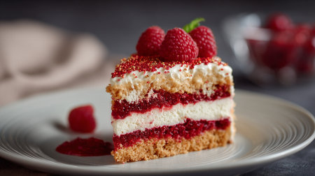 Delicious raspberry cake slice: A tantalizing dessert with vibrant color and tempting layers.の素材