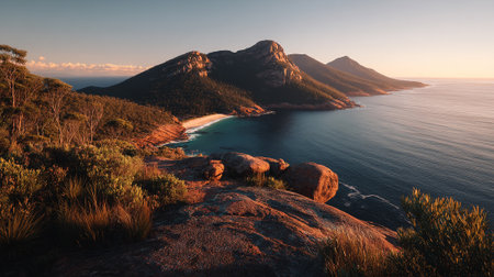 Coastal Splendor: Dramatic Mountains Meet Azure Waters in a Tranquil Landscapeの素材