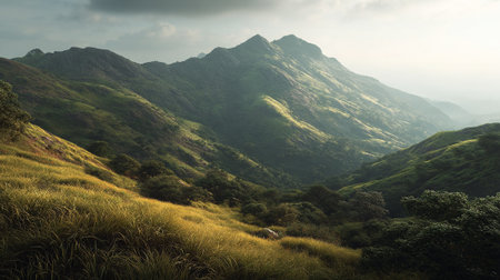 Majestic green mountain range covered in vibrant grassy foliage landscape.の素材