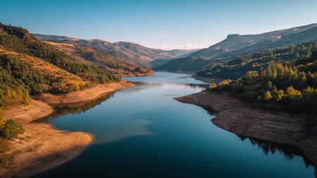 Serene Aerial View of Lake in Verdant Mountain Valley on a Sunny Dayの素材