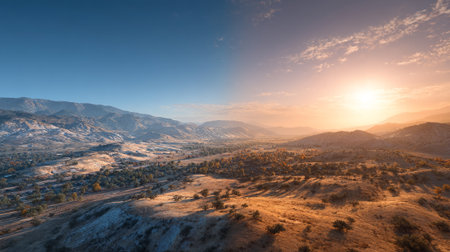 Golden Hour Light on Snowy Hills, Panoramic Landscape View, Stunning Natural Beautyの素材