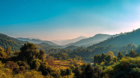 Misty Mountain Ridges and Verdant Forests Under a Bright Blue Skyの素材