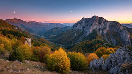 Breathtaking autumnal landscape with majestic mountains, colorful forests, and a soft twilight skyの素材