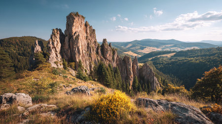 Stunning rock formations and landscape amidst the lush valleys under blue skiesの素材