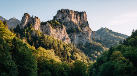 Scenic Mountain Landscape with Forest and Rock Formations Under Clear Skiesの素材