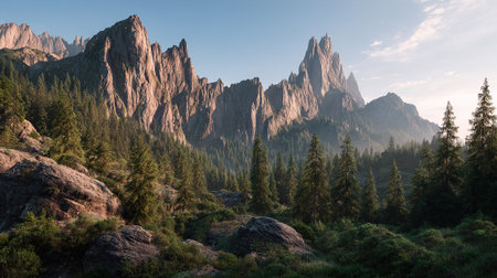 Majestic Peaks: A Stunning Mountain Landscape with Pine Trees and Soft Lightの素材