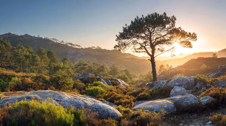 Golden Hour Radiance: A Lone Tree Bathed in the Warm Light of Dawnの素材