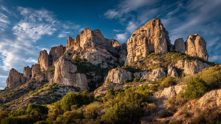 Mountain Majesty: Striking Rock Formations Bathed in Golden Light Against a Blue Skyの素材