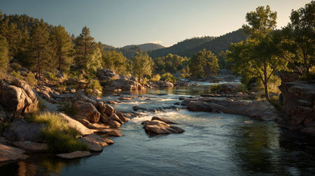 Scenic River Landscape with Forest and Rocks Under a Clear Blue Skyの素材