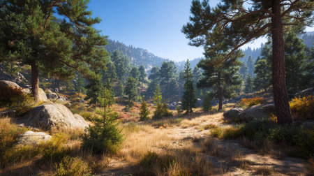 Tranquil Morning Sunlight Illuminating a Dense Forest Landscape Sceneの素材