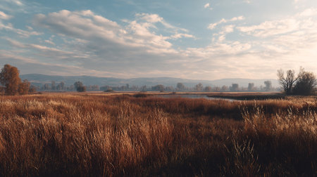 Serene Golden Field Landscape Under a Cloudy Sky in the Countrysideの素材