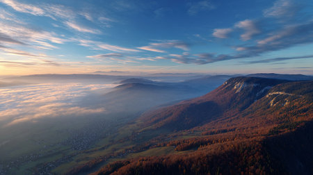 Majestic Mountain Vista with Fog and Sunrise Views from High Aboveの素材