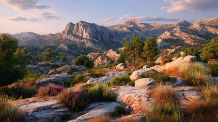 Scenic Mountain Vista with Boulder Field and Green Vegetation at Sunsetの素材