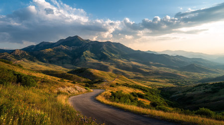 Winding Road Leads to Majestic Mountain Range at Sunset with Clouds.の素材
