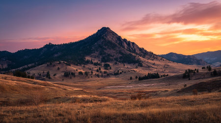 Mountainous Vista Painted with Golden Sunset Hues and Colorful Sky Aboveの素材