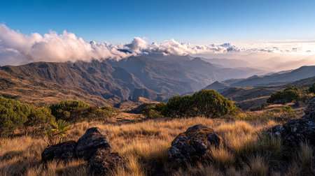 Scenic Mountain Vista With Rolling Hills and Dramatic Cloudscape at Sunriseの素材