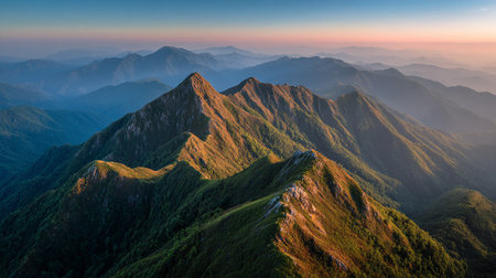 Majestic mountain range bathed in golden sunlight with distant misty peaks at dawn.の素材