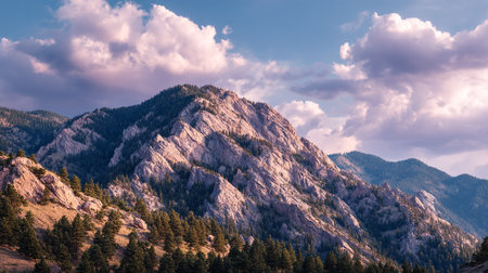 Dramatic Rocky Mountain Peak Bathed in Soft Light Under a Cloudy Skyの素材