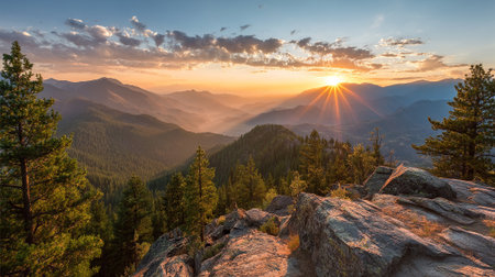 Breathtaking mountain sunrise with golden light shining over a forest landscapeの素材