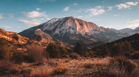 Majestic Mountain Peaks Bathed in Golden Light, Dramatic Landscape Viewの素材