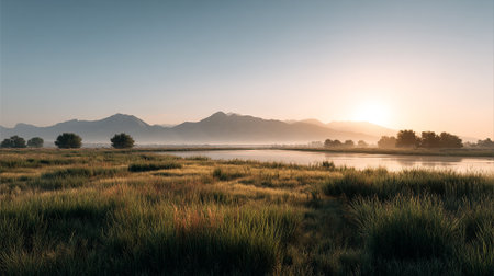 Tranquil Lakeside Sunrise with Mountains and Golden Grasses, a Beautiful Nature Sceneの素材