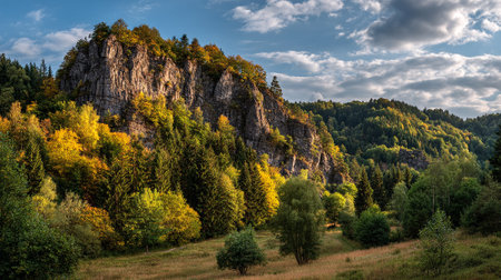 Autumnal Splendor: Rock Formation Amidst Trees in a Forest Landscape Sceneの素材