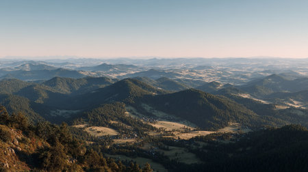Rolling Mountain Landscape at Sunset with Lush Forest and Distant Peaksの素材
