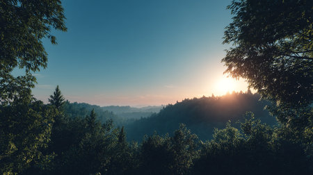 Breathtaking sunset view through lush trees over distant mountains and a blue skyの素材