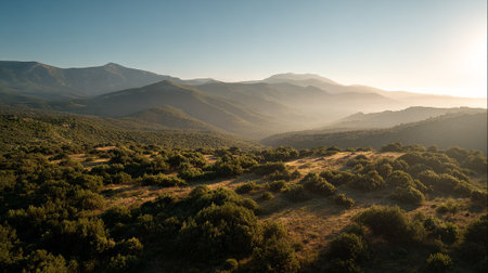 Serene Mountain Landscape at Sunrise with Golden Light and Rolling Hillsの素材