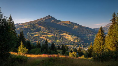 Majestic Mountain Peak at Golden Hour, Green Hills and Lush Forestの素材